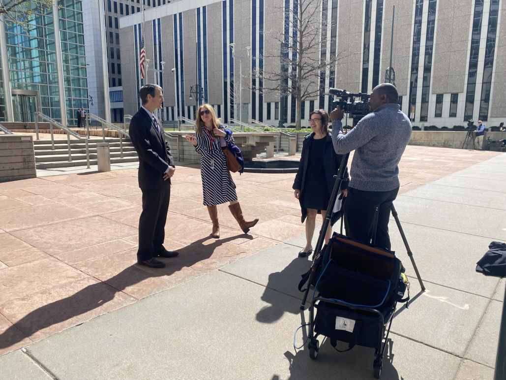  Tim Macdonald, ACLU of Colorado Legal Director, speaks with media after oral argument in D.B.U. v. Trump on April 21, 2025.