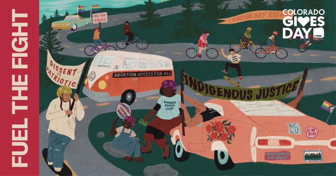Fuel the fight text next to art of community members on a road displaying banners of civil rights issues