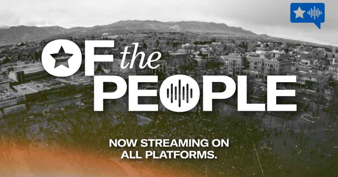 Of the People now streaming on all platforms text in front of monochrome image of a town near mountains