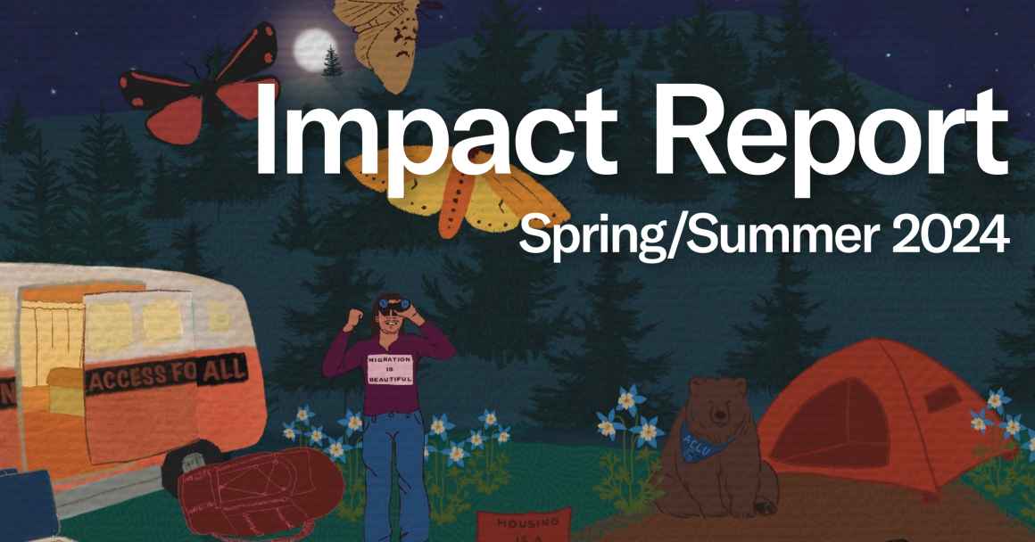 Impact report spring/summer 2024 text over illustration of a person at a campsite looking at butterflies through binoculars
