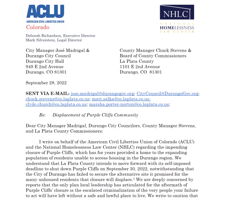 Screenshot of letter sent to City of Durango by ACLU of Colorado and NHLC