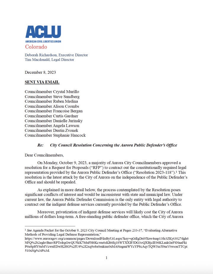 Screenshot of the letter sent to Aurora City Council regarding resolution 118