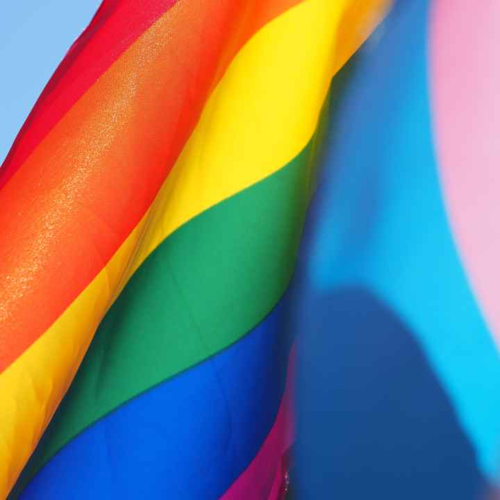 photo of rainbow flag waving against a light blue sky