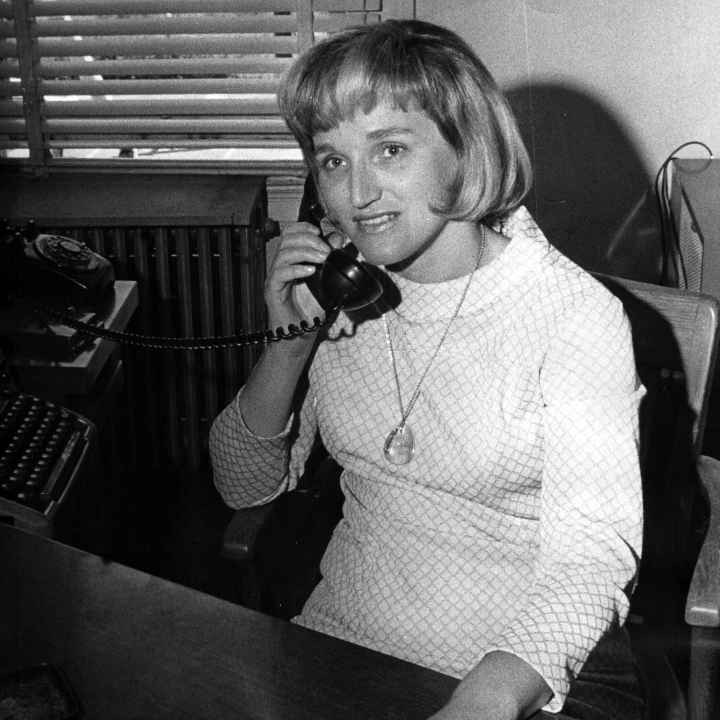 Dorothy Davidson talking on the phone in black and white