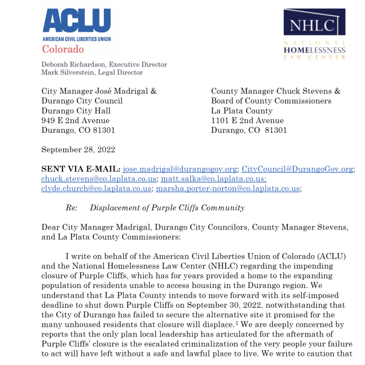 Screenshot of letter sent to City of Durango by ACLU of Colorado and NHLC