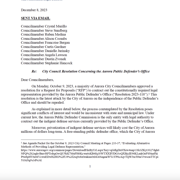 Screenshot of the letter sent to Aurora City Council regarding resolution 118