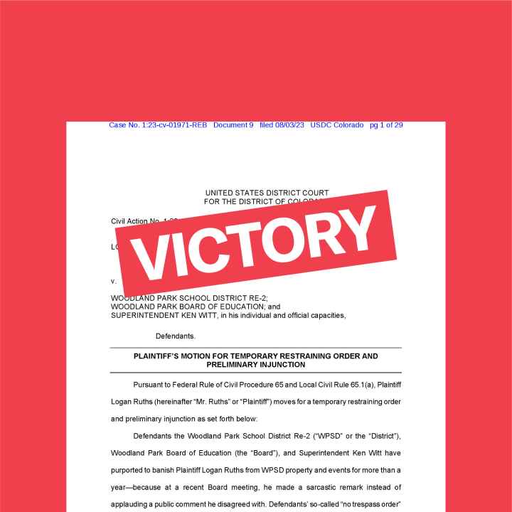 Image of the complain in Ruths v. Woodland Park School District with the word VICTORY written over it