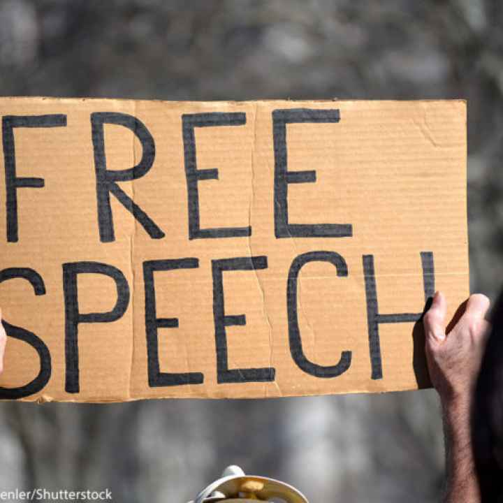 A protest sign that reads "free speech"