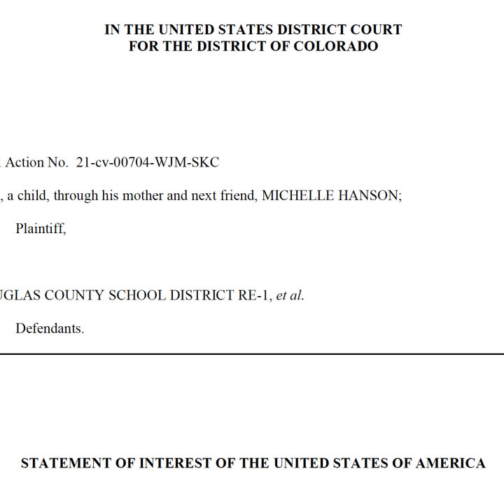 Photo of first page of Statement of Interest by the US Department of Justice in ACLU of Colorado's case against Douglas County School District
